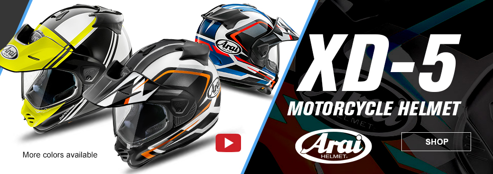 Arai Helmet, XD-5 Motorcycle Helmet, a collage of helmets, more colors available, video, link, shop